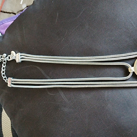 CHICO'S 3 strands layered oval charm necklace silver gold & brass tones       T1 - Picture 3 of 8